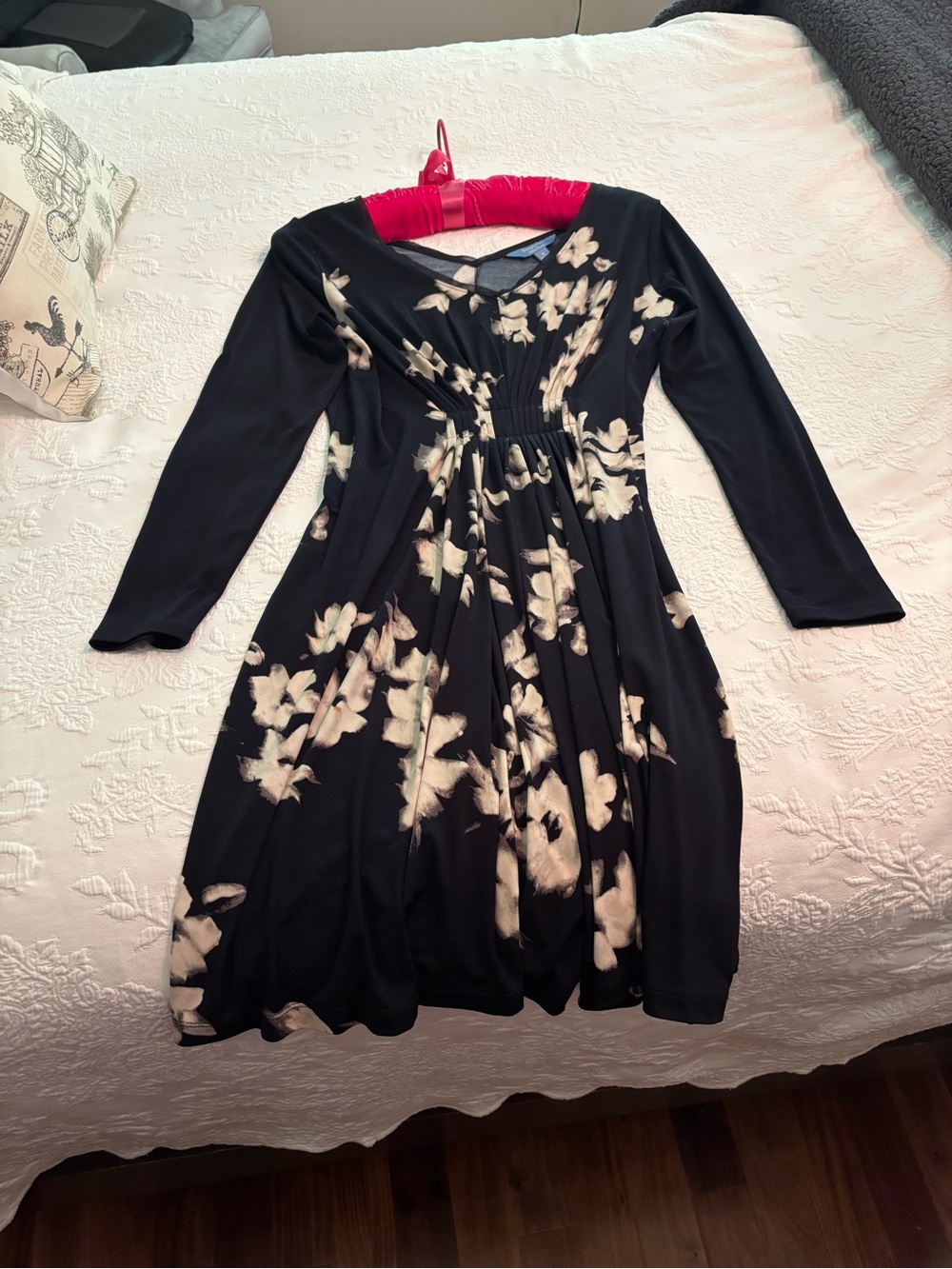 Navy Floral Long Sleeve Knee Length Dress with Cream Bloom Accents